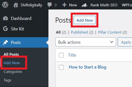 Adding a new post in WordPress