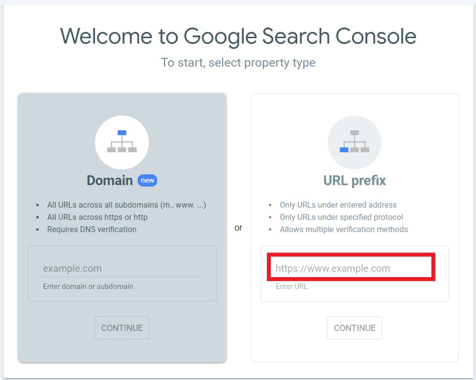 Google search console domain property setup dialog box