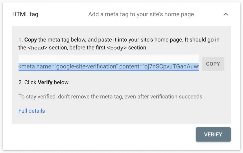 site verification via html tag 