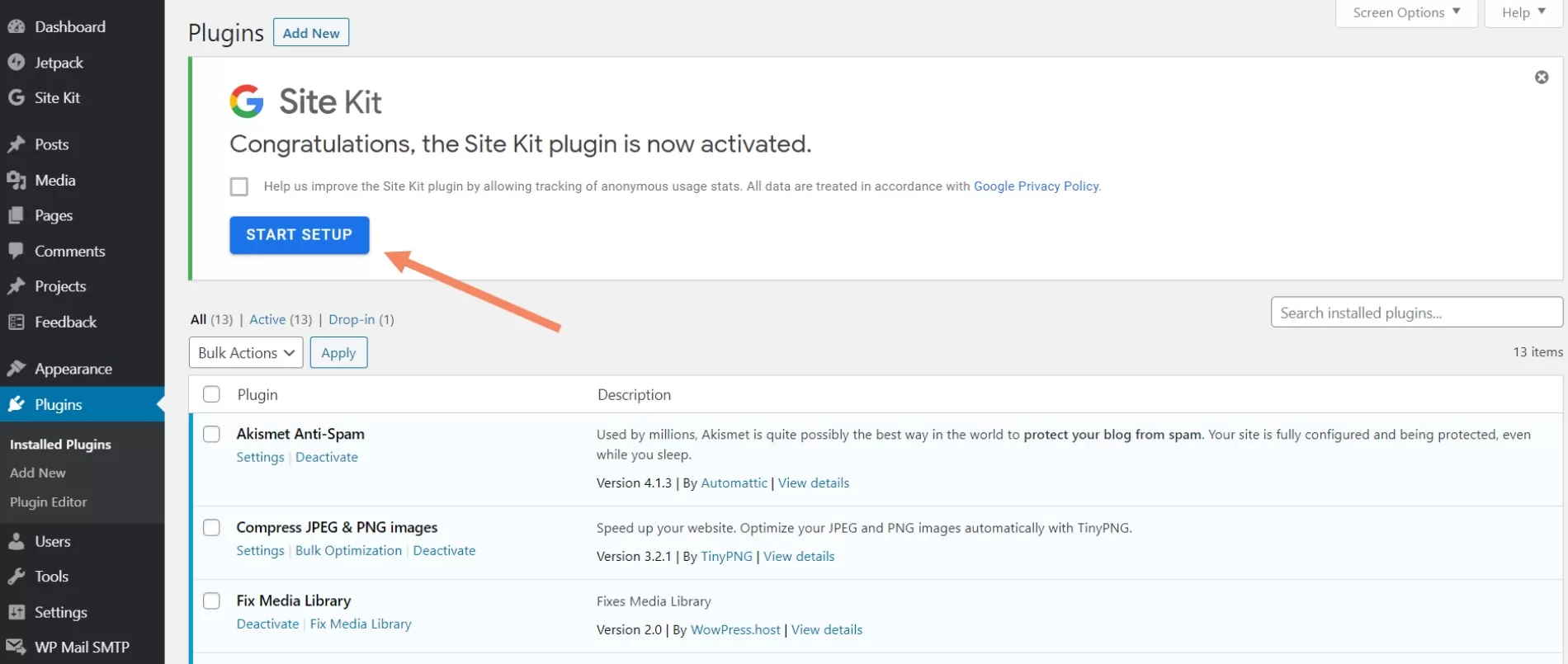 site kit activated message in wordpress plugin dashboard