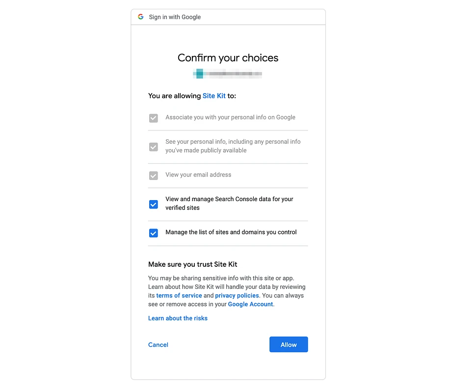 Gmail popup for allowing Site kit to giving access