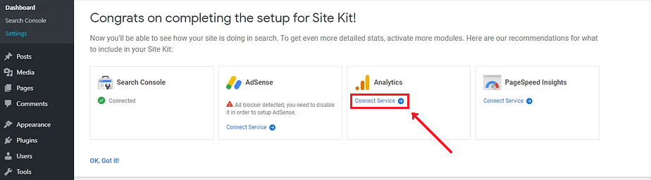 Connecting Google analytic services in site kit plugin